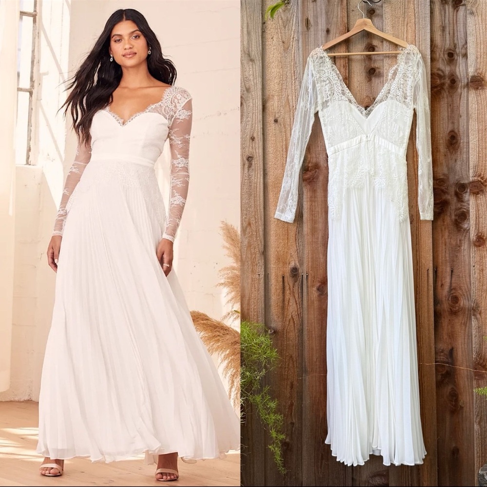 White Lace Pleated Peplum Long Sleeve Maxi Dress 🌿